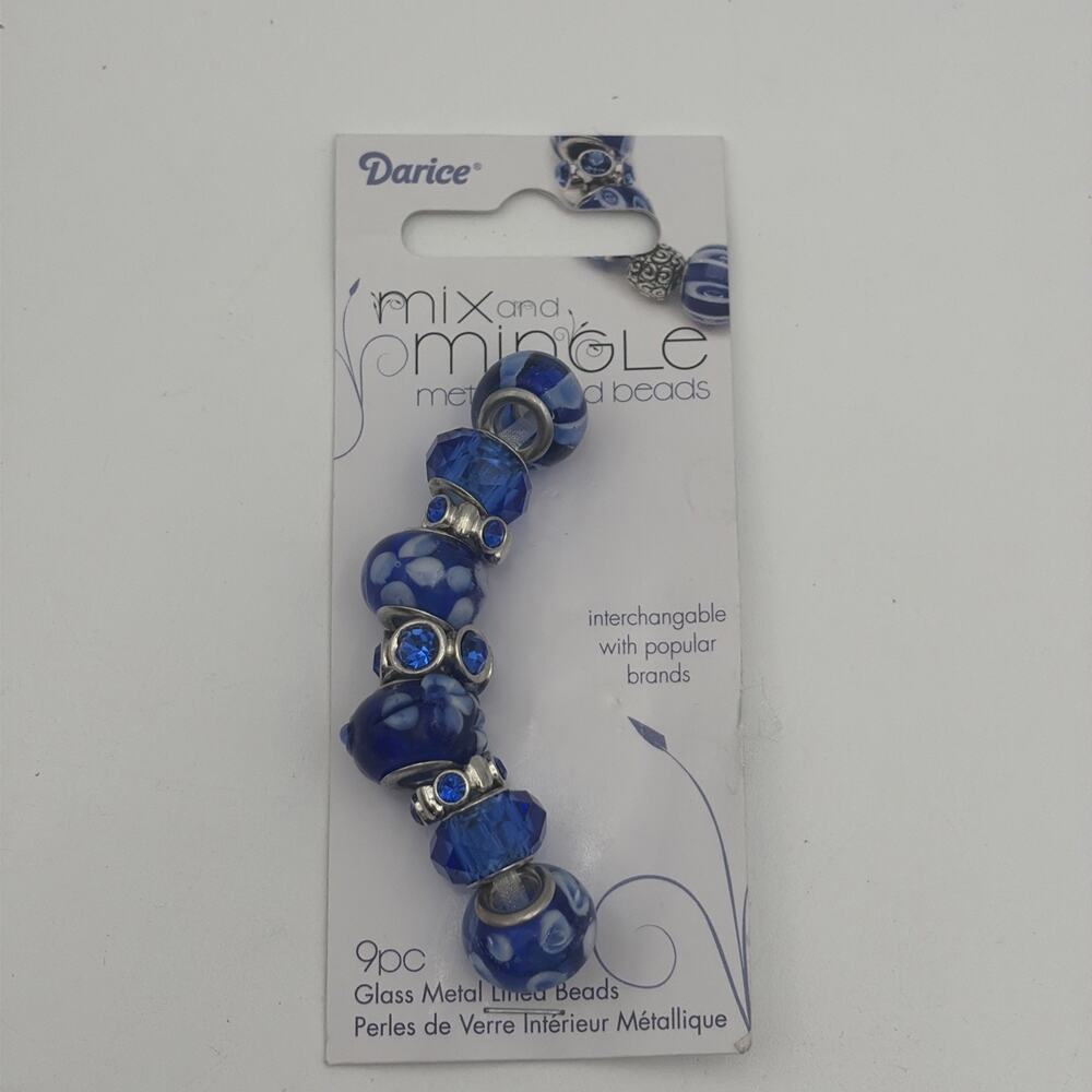 9 pc Darice° Mix & Mingle Glass metal lined beads Blue Silver AJM-1999-2721